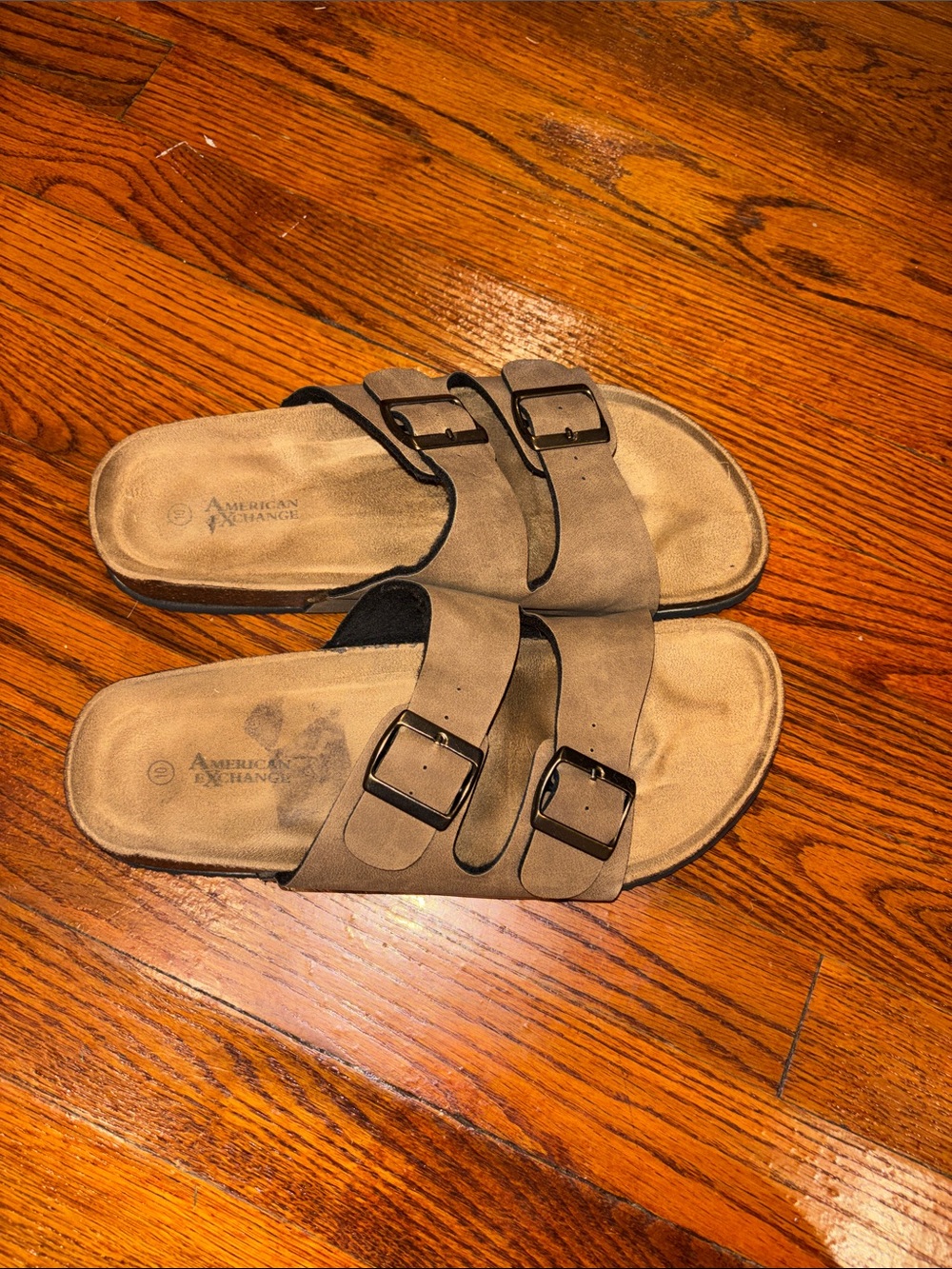 American Exchange Taupe Double Buckle Slide Sandals
